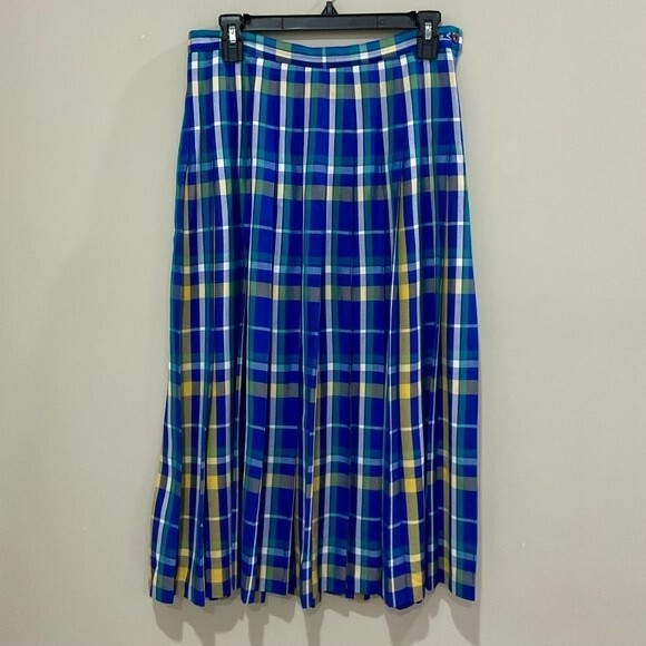Vintage Pendleton Plaid Pleated Skirt Blue Green Yellow Midi Sz 10 Made in USA - Picture 1 of 4
